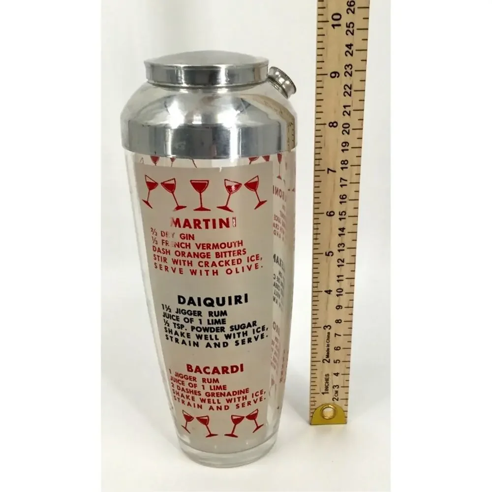 Vintage Glass Cocktail Recipe Shaker MCM Aluminum Lid Retro Barware 9.5